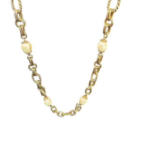 Gold Tone Chunky Faux Pearl Long Chain Necklace Statement Jewelry - Picture 2 of 4